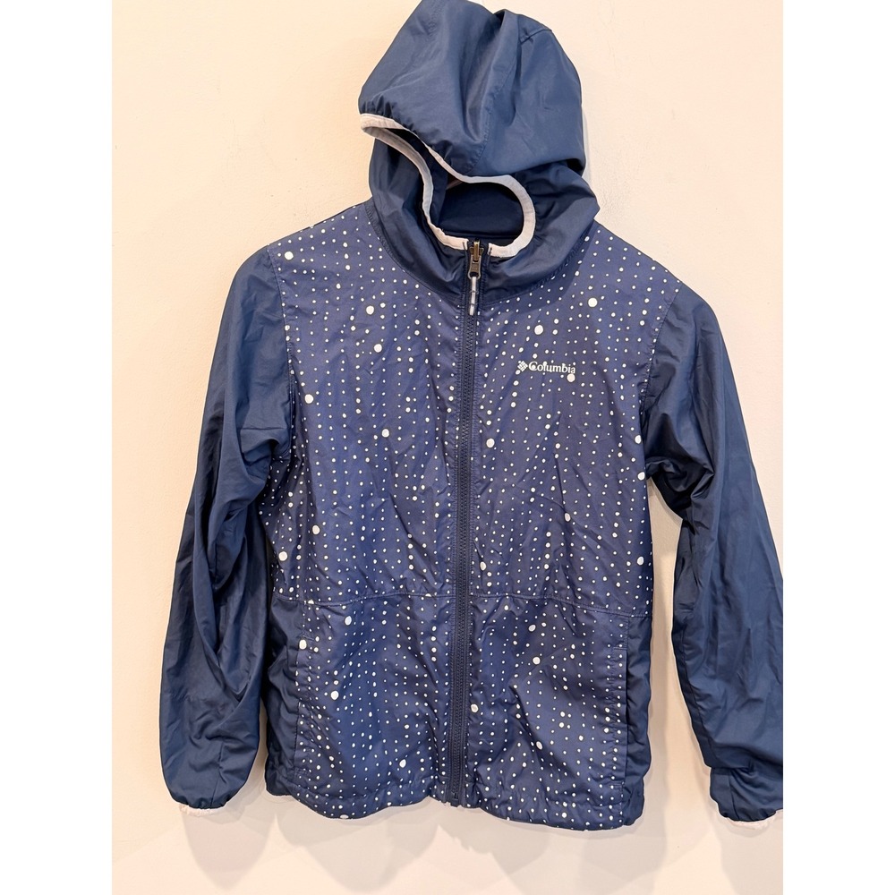 Columbia Youth Reversible Hooded Jacket Navy Blue White Dot Pattern Size M 10/12
